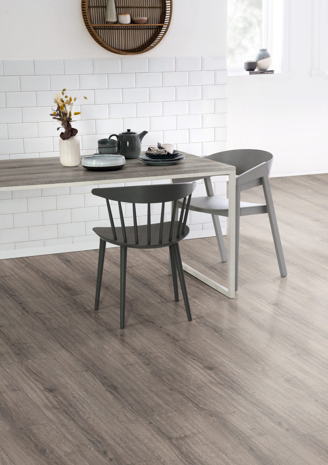 Grey Sherman Oak Aqua laminate flooring in a dining room