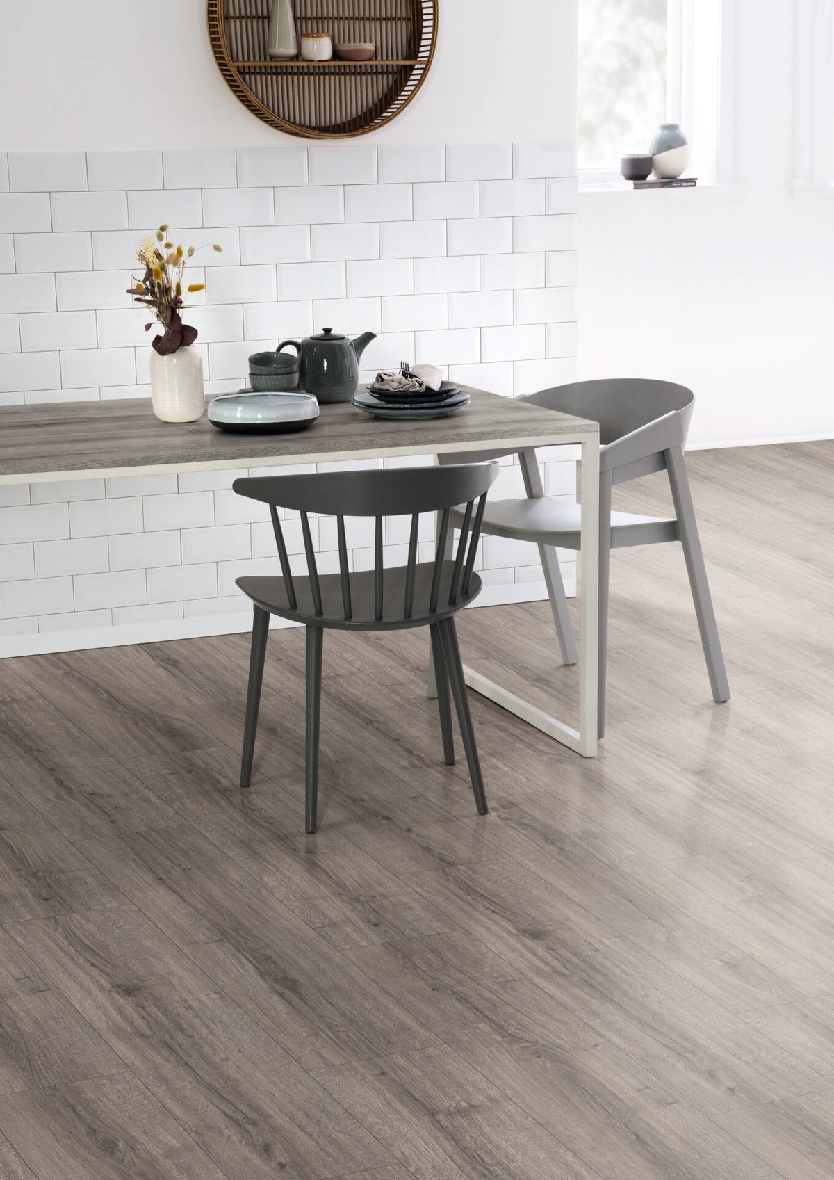 Grey Sherman Oak Aqua laminate flooring in a dining room