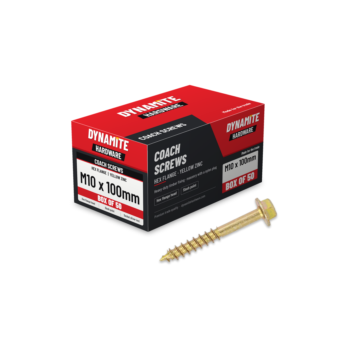 Hex flange coach screws M10 x 100mm yellow zinc, box of 50