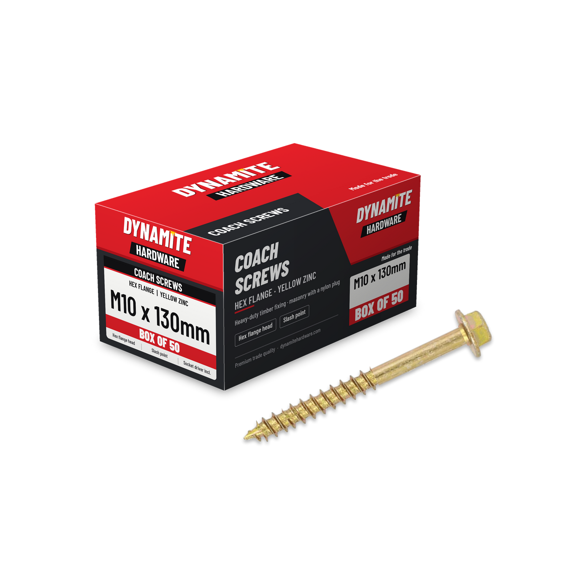 Hex flange coach screws M10 x 130mm yellow zinc, box of 50