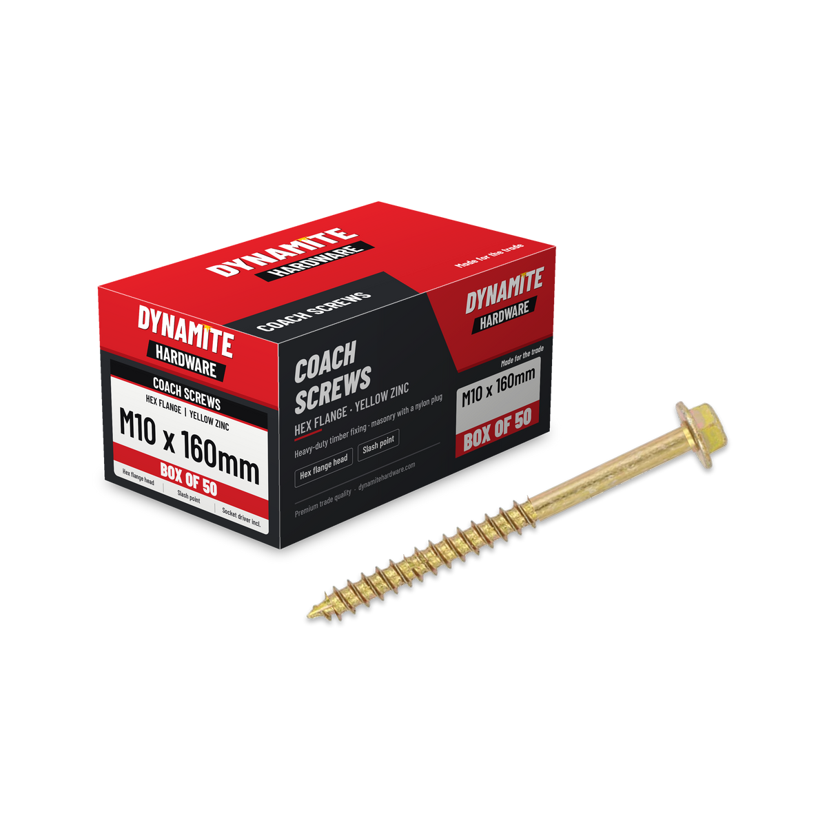 Hex flange coach screws M10 x 160mm yellow zinc, box of 50
