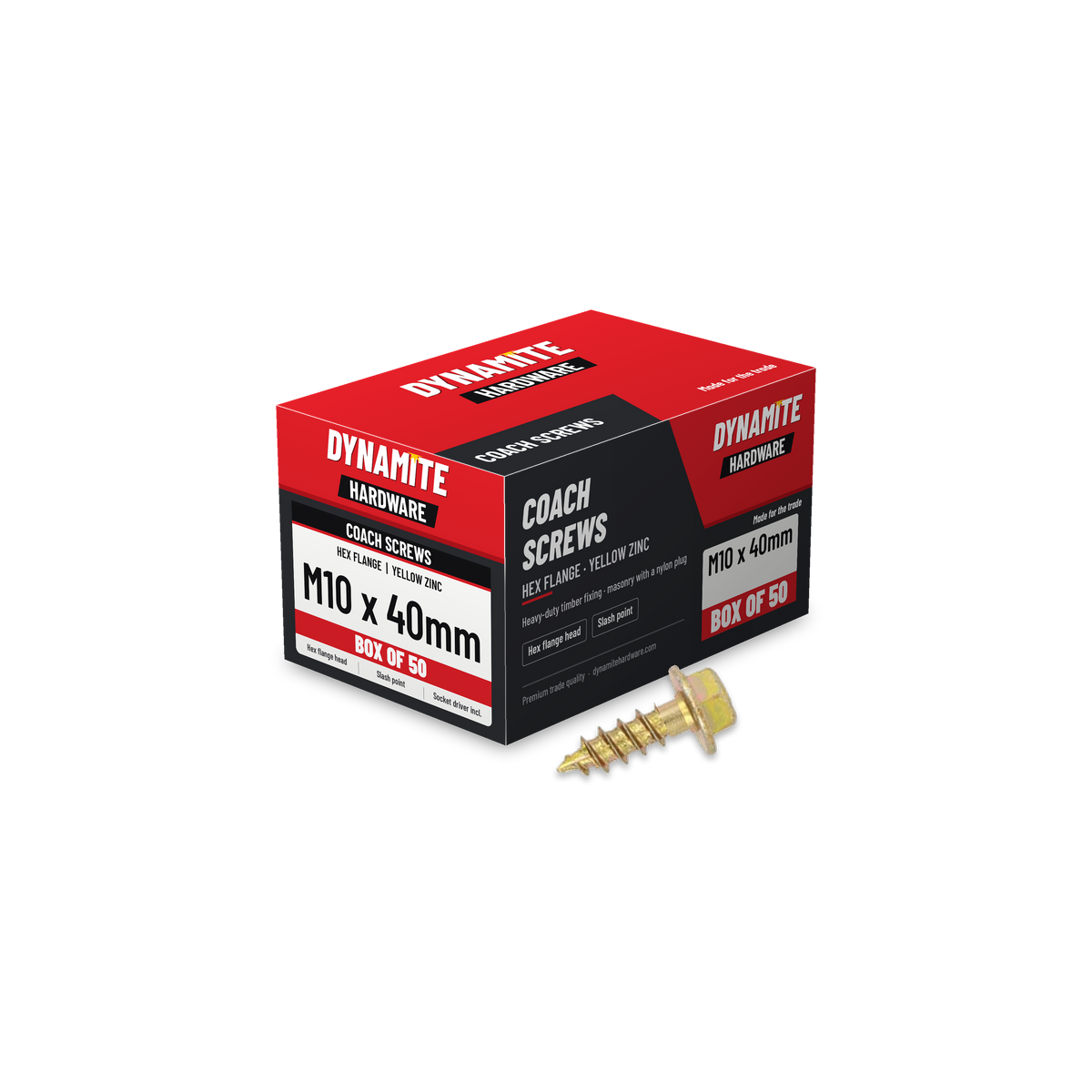 Hex flange coach screws M10 x 40mm yellow zinc, box of 50