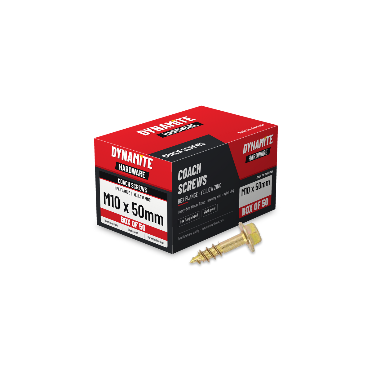 Hex flange coach screws M10 x 50mm yellow zinc, box of 50
