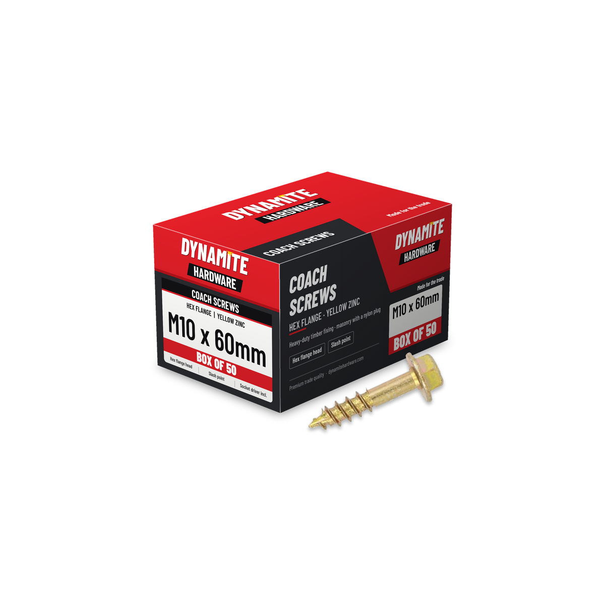 Hex flange coach screws M10 x 60mm yellow zinc, box of 50