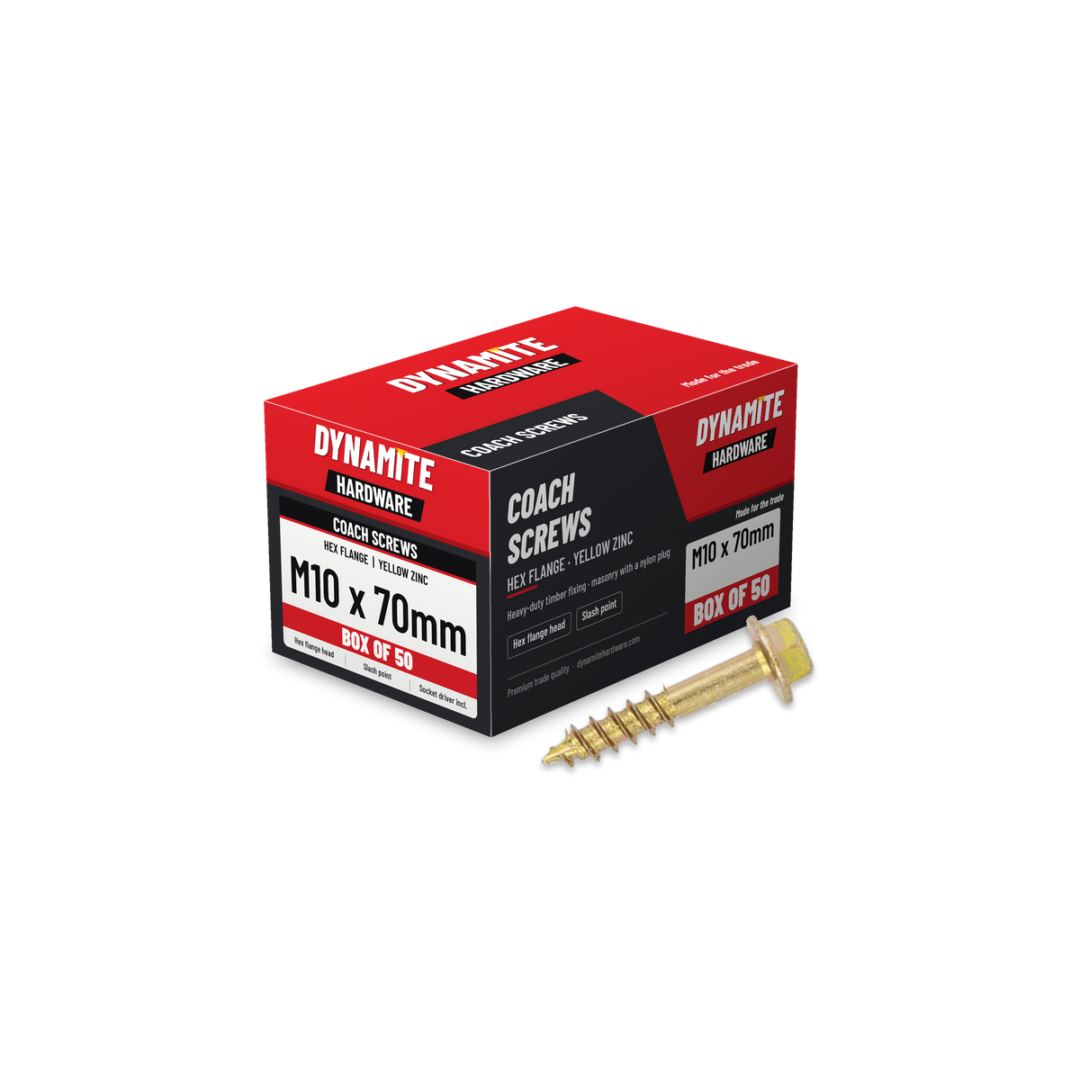 Hex flange coach screws M10 x 70mm yellow zinc, box of 50
