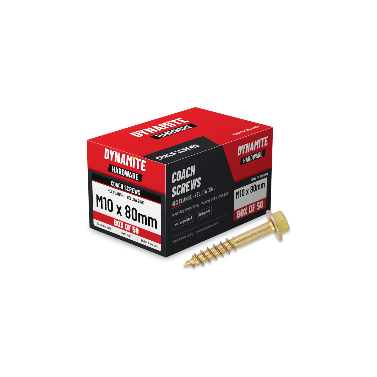 Hex flange coach screws M10 x 80mm yellow zinc, box of 50