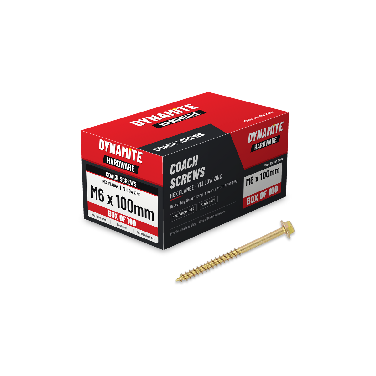 Hex flange coach screws M6 x 100mm yellow zinc, box of 100