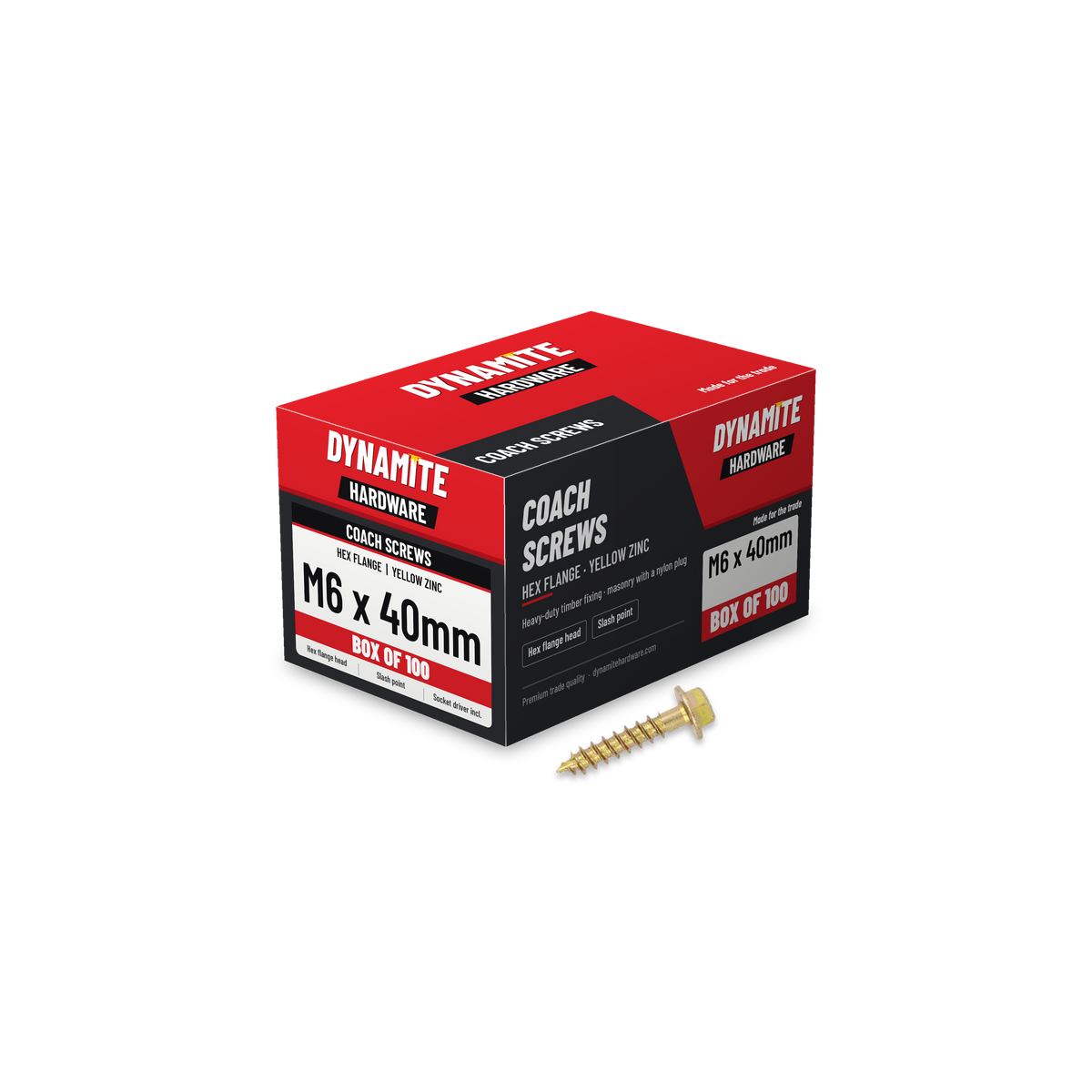 Hex flange coach screws M6 x 40mm yellow zinc, box of 100