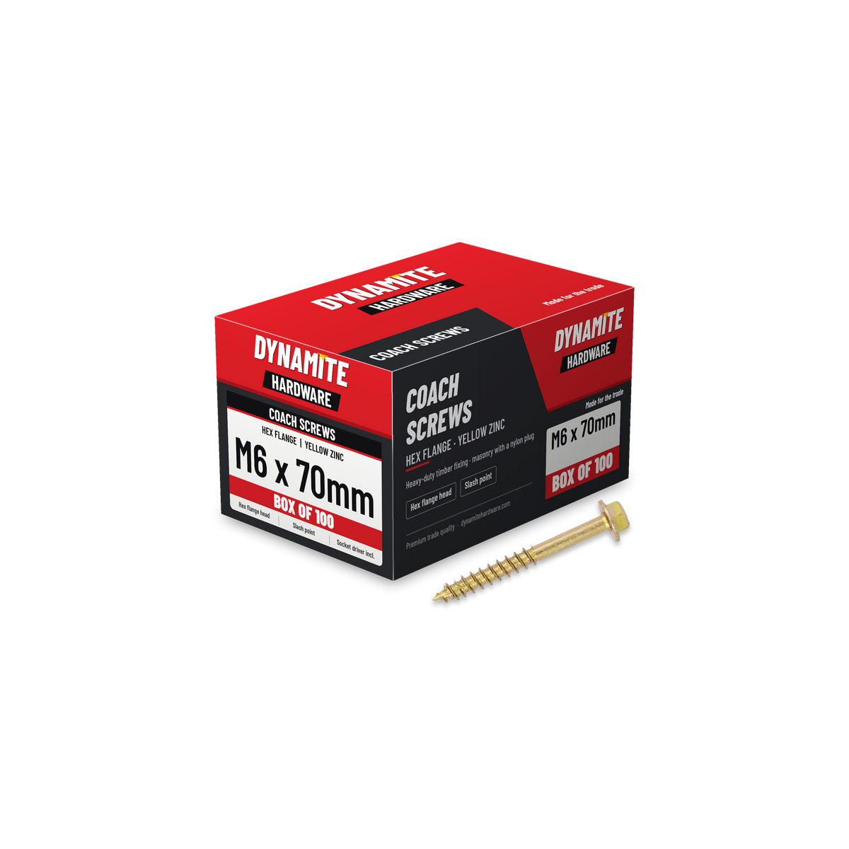 Hex flange coach screws M6 x 70mm yellow zinc, box of 100