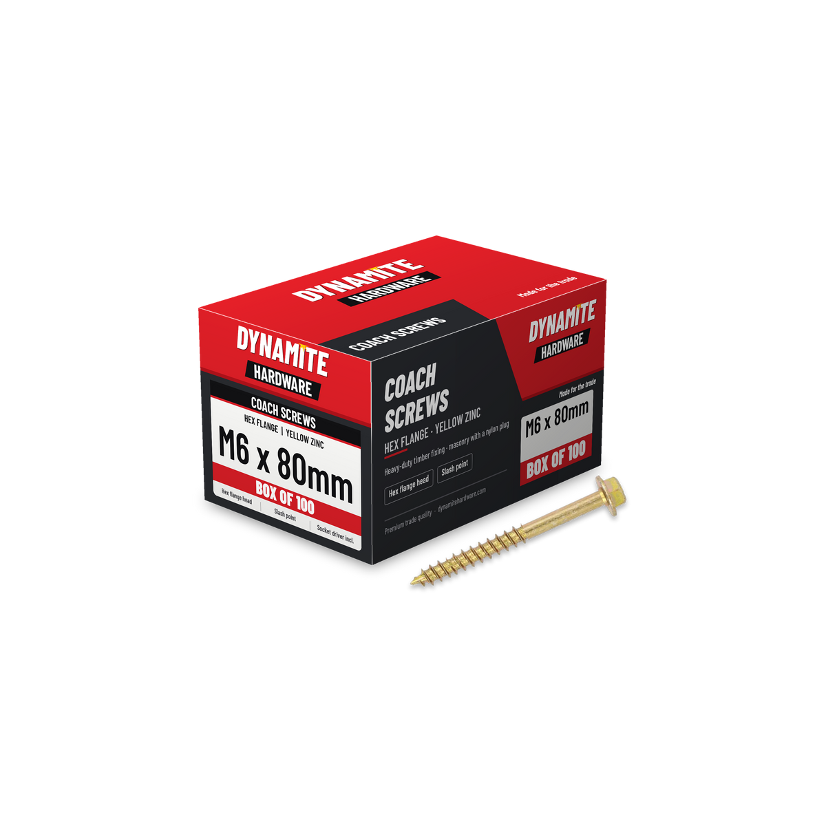 Hex flange coach screws M6 x 80mm yellow zinc, box of 100