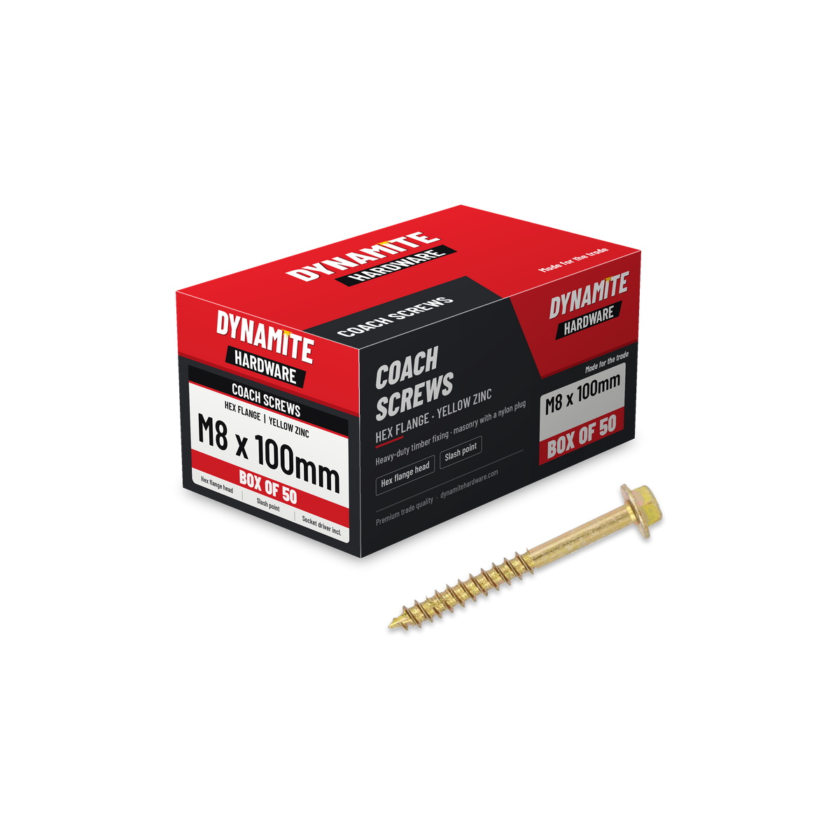 Hex flange coach screws M8 x 100mm yellow zinc, box of 50