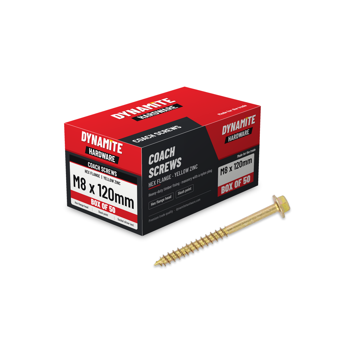 Hex flange coach screws M8 x 120mm yellow zinc, box of 50