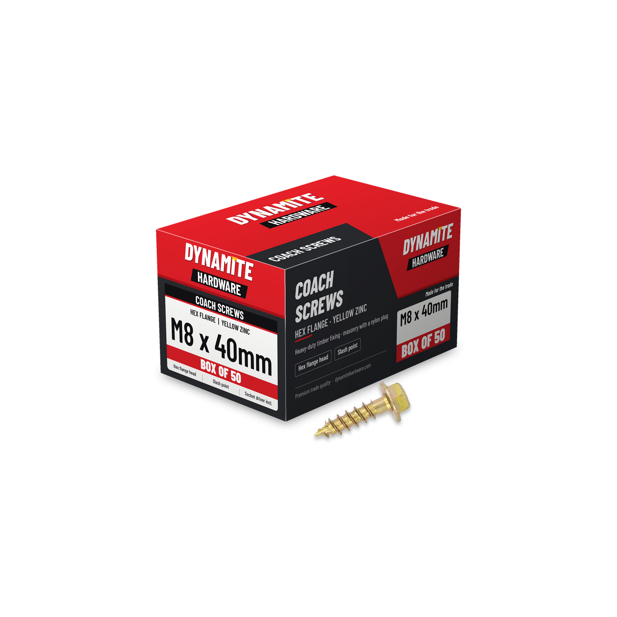 Hex flange coach screws M8 x 40mm yellow zinc, box of 50