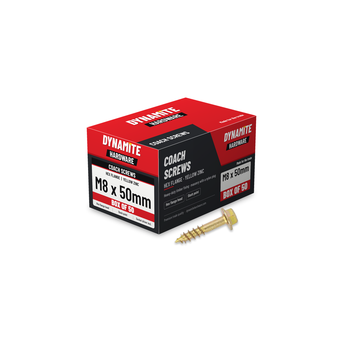 Hex flange coach screws M8 x 50mm yellow zinc, box of 50