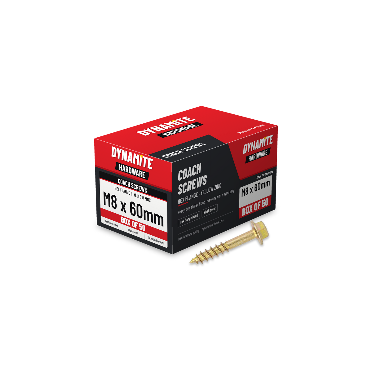 Hex flange coach screws M8 x 60mm yellow zinc, box of 50