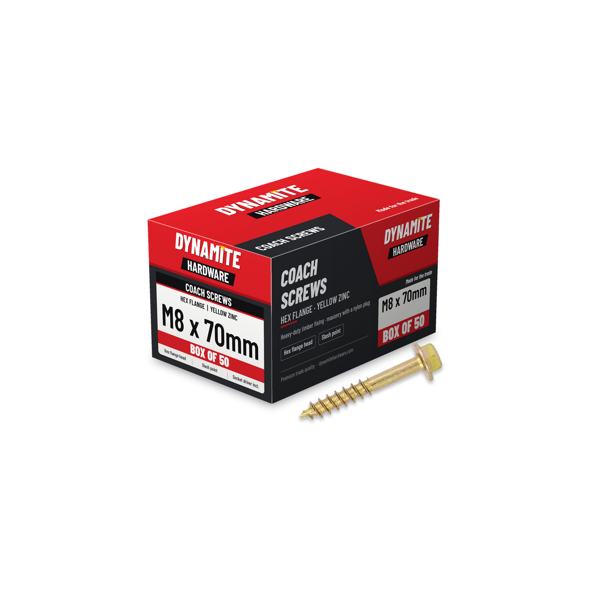 Hex flange coach screws M8 x 70mm yellow zinc, box of 50