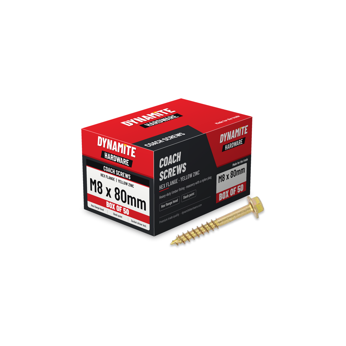 Hex flange coach screws M8 x 80mm yellow zinc, box of 50