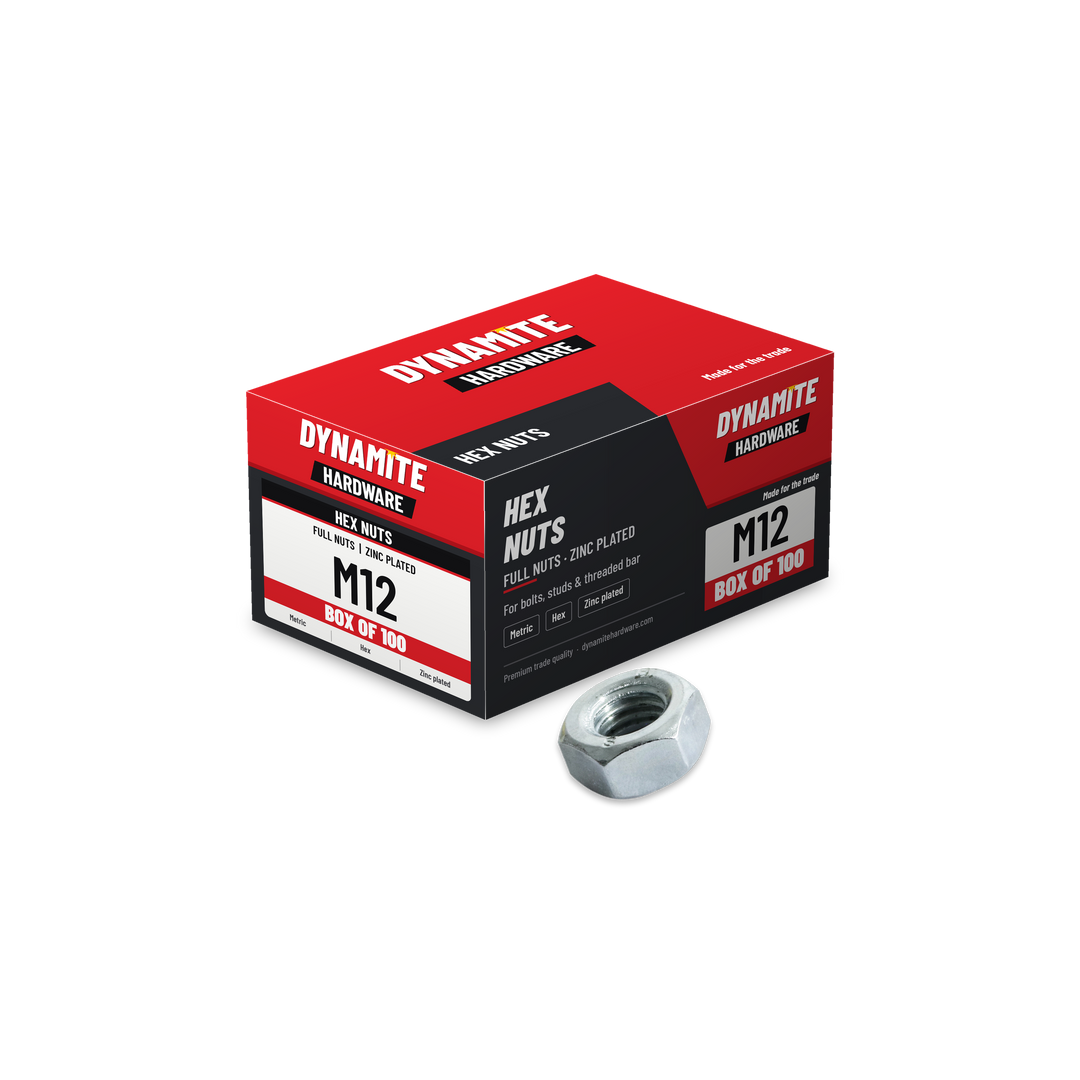 Hex Full Nuts M12 Zinc Plated DIN 934, box of 100