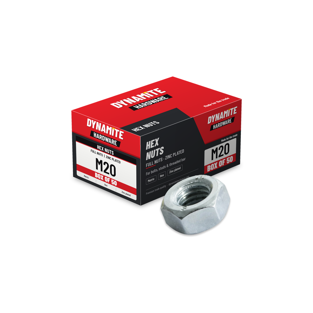 Hex Full Nuts M20 Zinc Plated DIN 934, box of 50