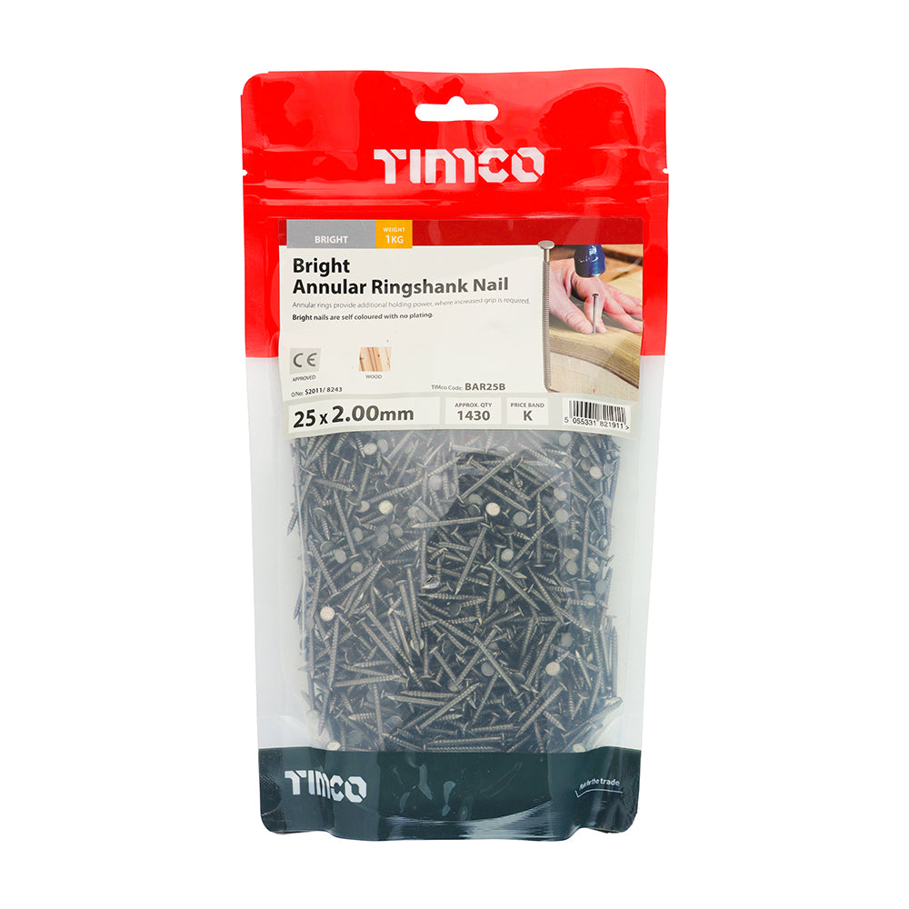 Timco Annular Ringshank Nail -Bright 25 x 2.00 (1kg bag) - Dynamite Hardware