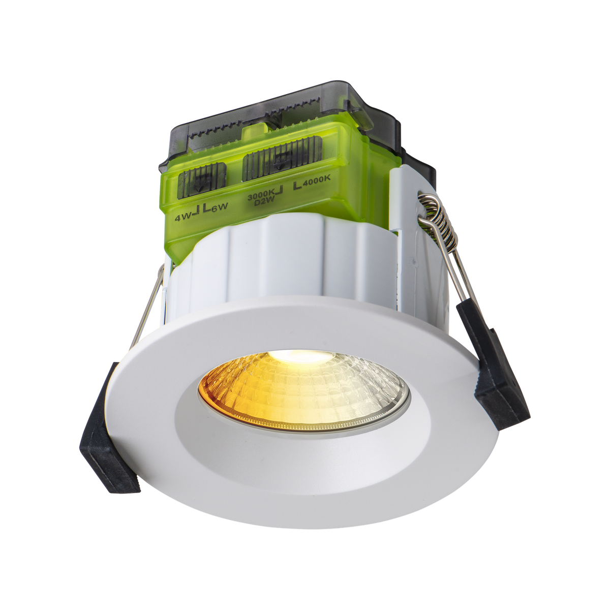 Fire Rated LED Downlight 4/6W Dim to Warm Dimmable IP65 – White, Regressed Bezel – Luceco FTR6WD2W-02 angled view