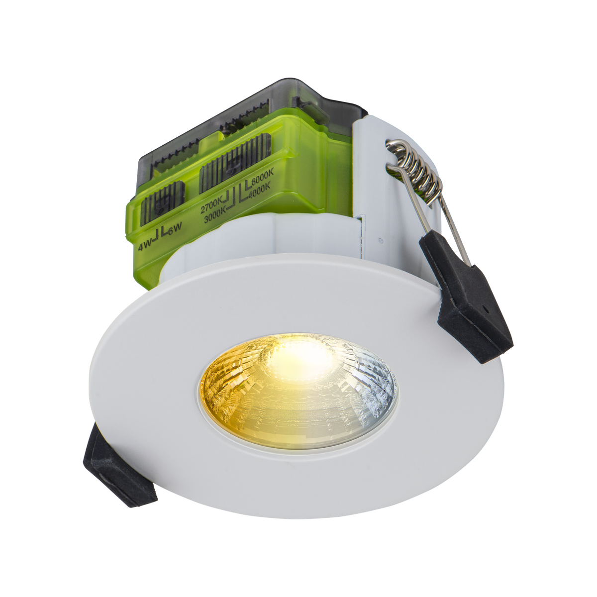 Fire Rated LED Downlight 4/6W Dim to Warm Dimmable IP65 – White, Regressed Bezel – Luceco FTR6WD2W-02 angled view