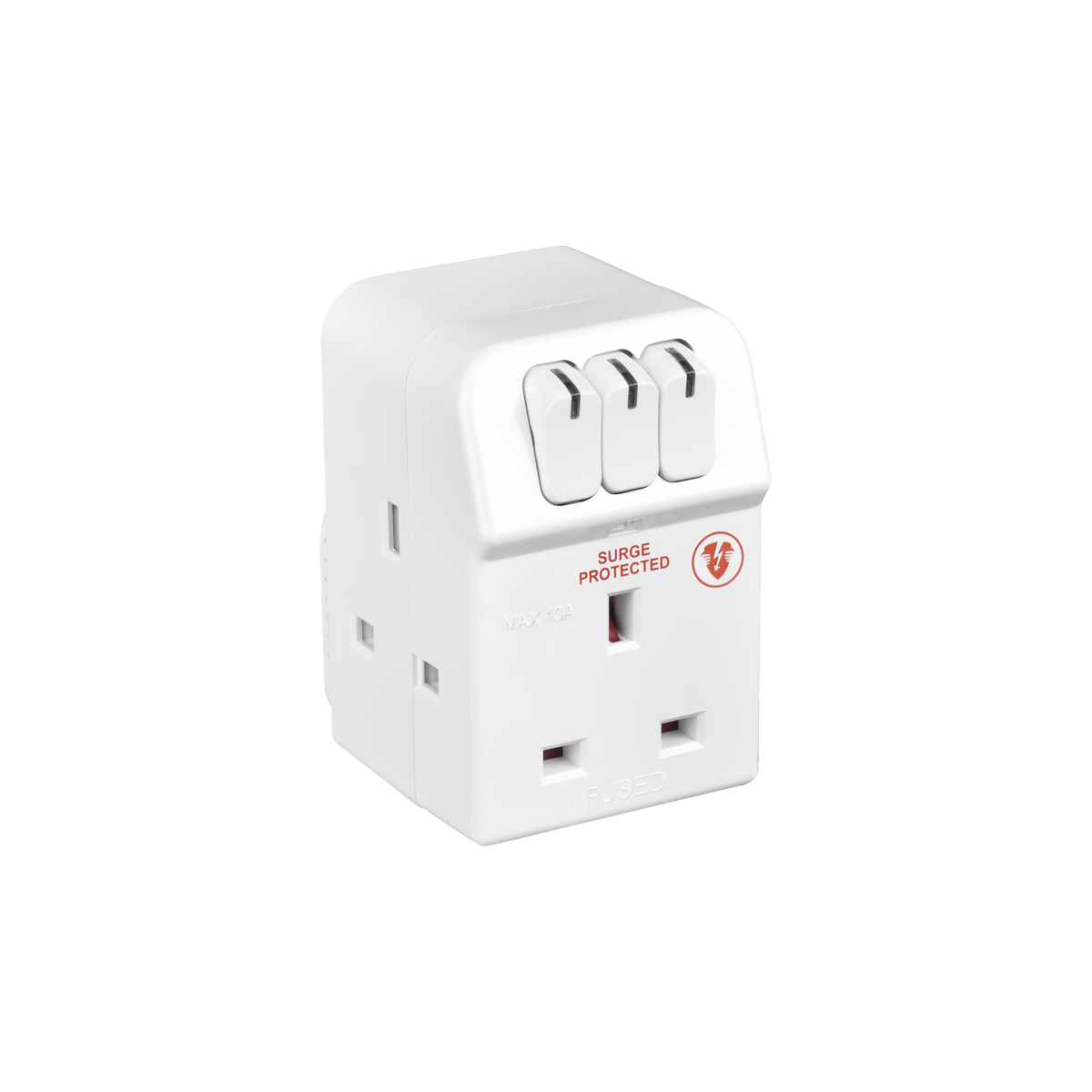 3 Way Switched Surge Protected Plug Adaptor – White, 13A – Masterplug MSWRG3-MP angled view