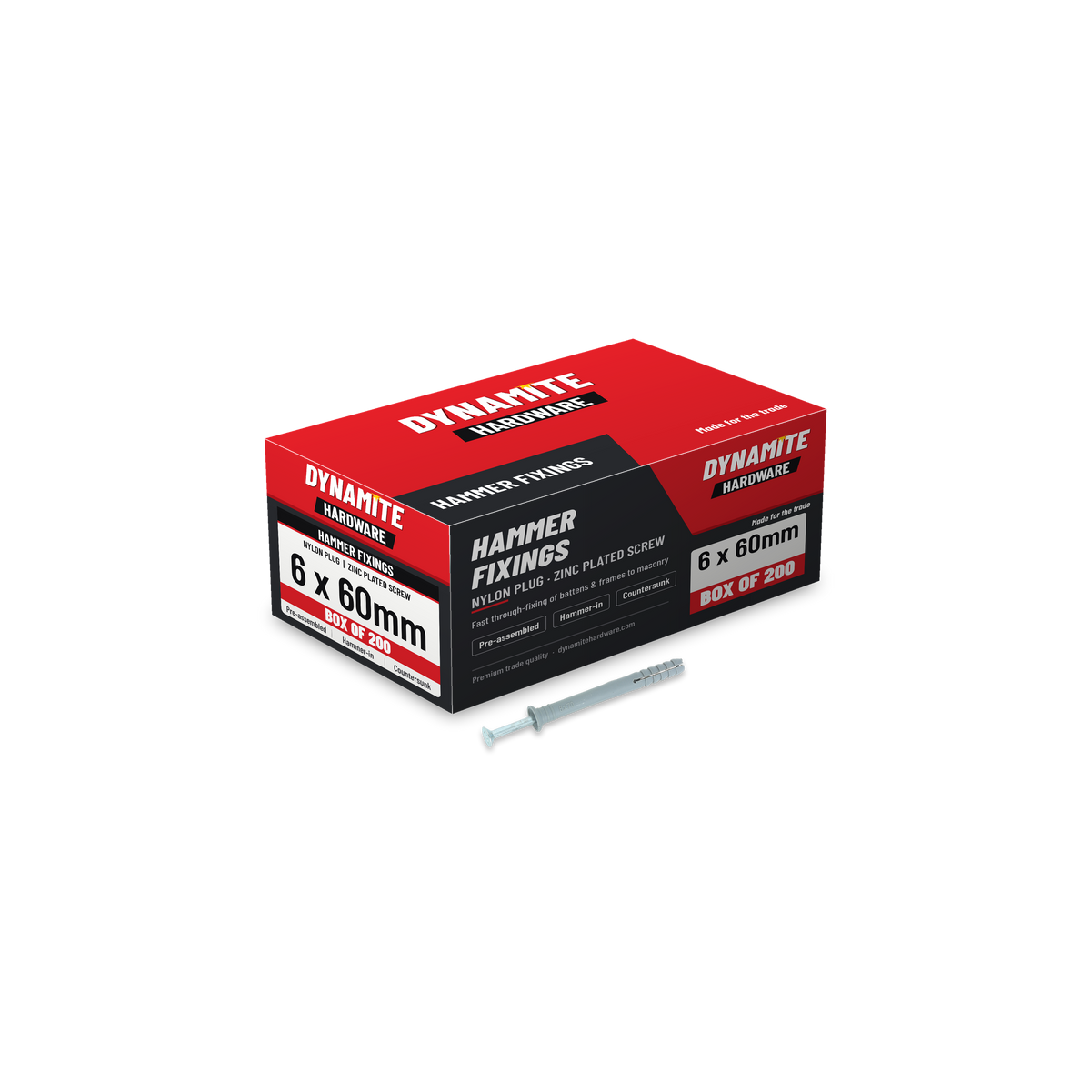 Nylon hammer fixings 6 x 60mm, box of 200