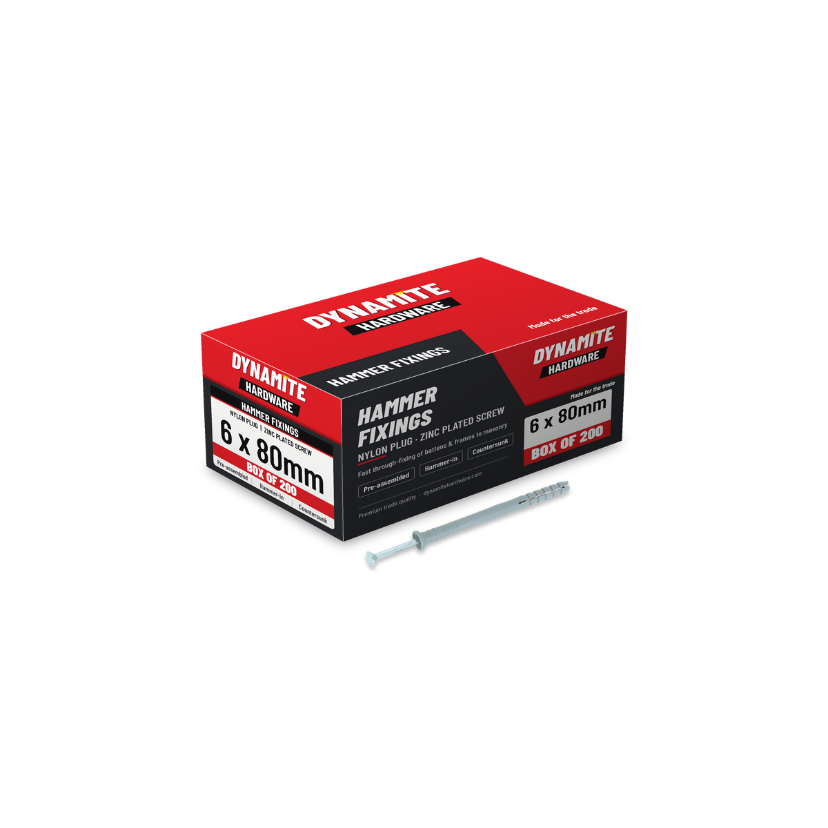 Nylon hammer fixings 6 x 80mm, box of 200