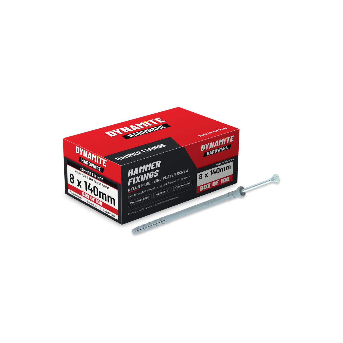 Nylon hammer fixings 8 x 140mm, box of 100