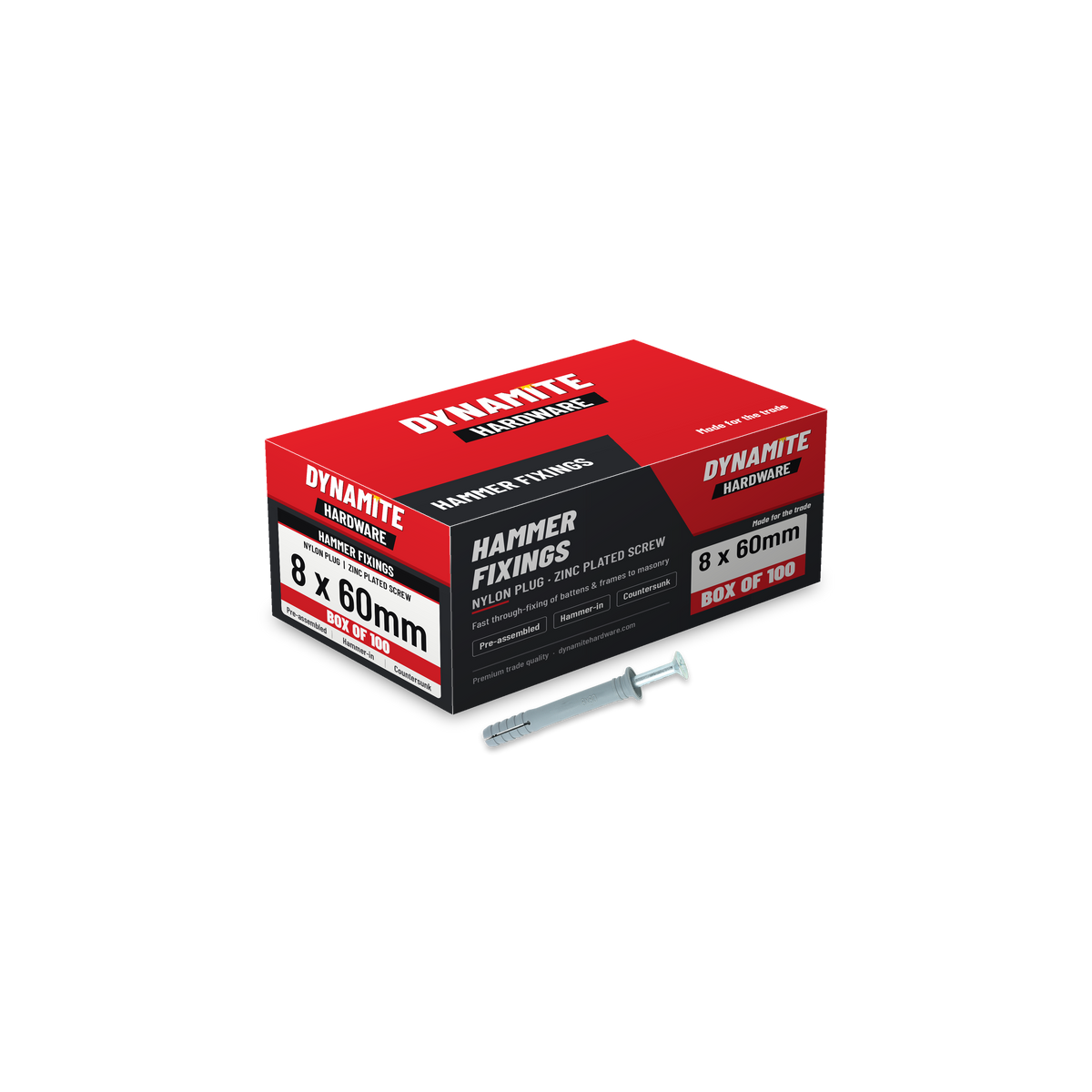 Nylon hammer fixings 8 x 60mm, box of 100