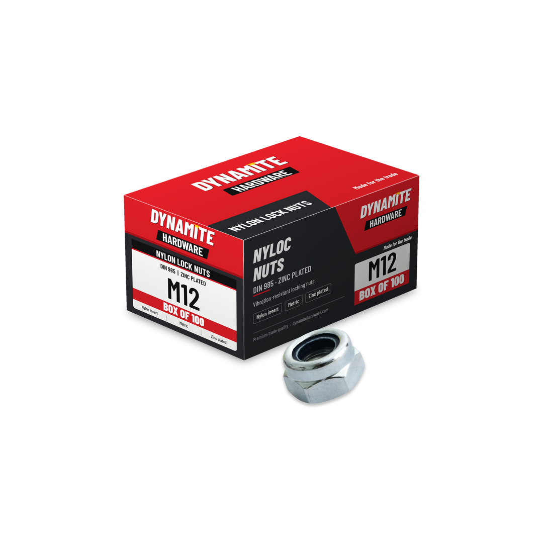 Nylon Insert Lock Nuts M12 Zinc Plated DIN 985, box of 100