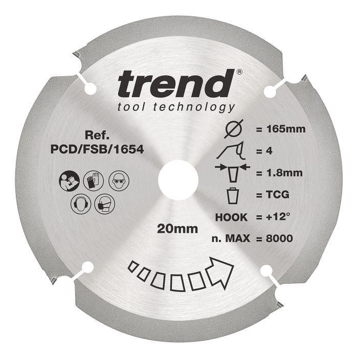 PCD/FSB/1654 - Trend PCD Fibre Cement Circular Saw Blade 165mm x 20mm x 4T