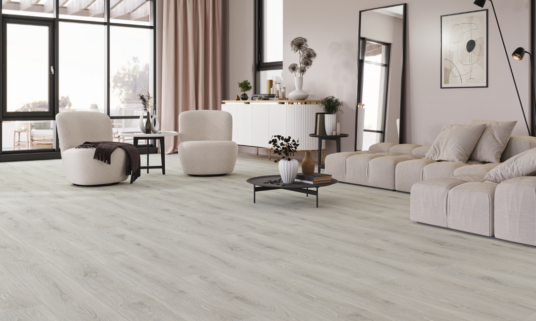 Samsun Oak Aqua laminate flooring in a modern living room