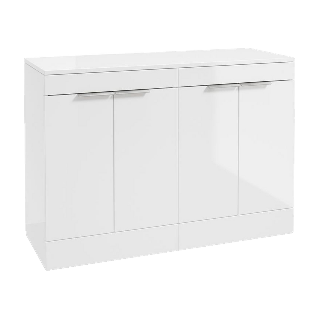 SONAS Stockholm 120cm floorstanding four door vanity unit in Gloss White with brushed chrome handles