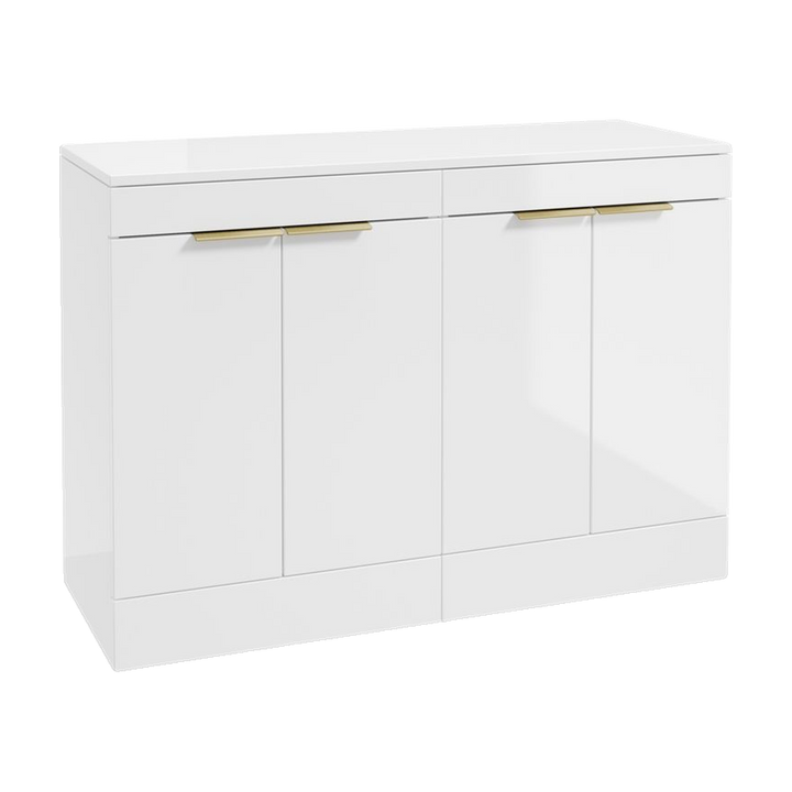 SONAS Stockholm 120cm floorstanding four door vanity unit in Gloss White with brushed gold handles