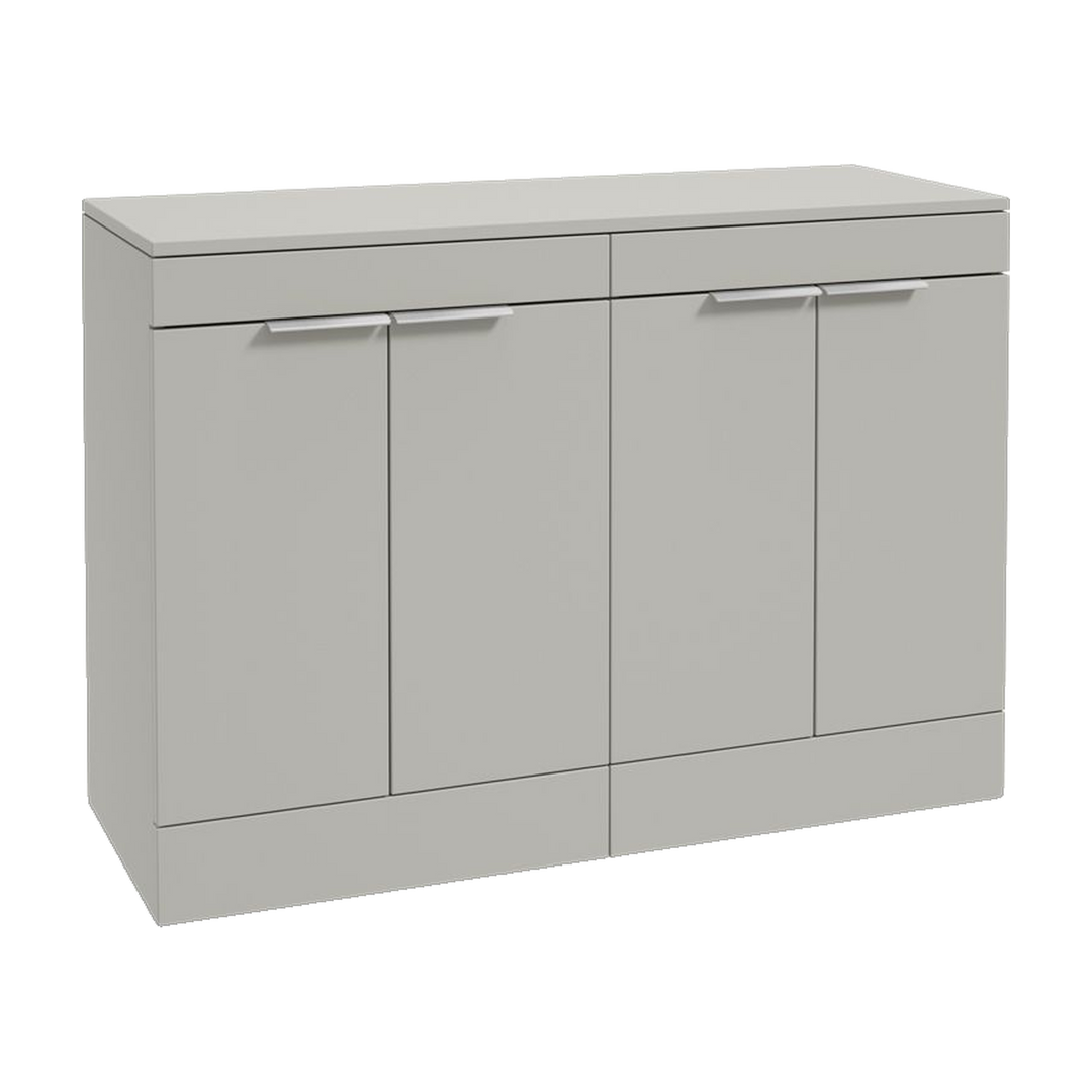 SONAS Stockholm 120cm floorstanding four door vanity unit in Matt Arctic Grey with brushed chrome handles