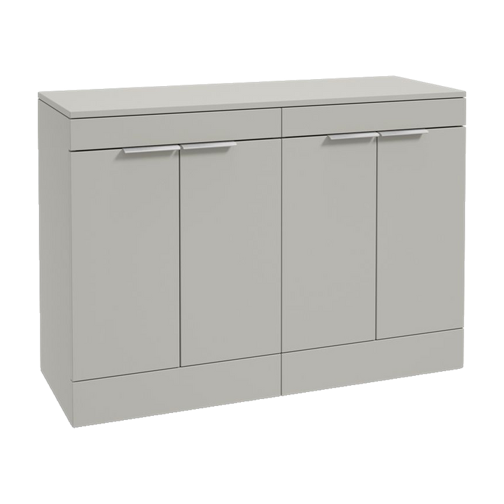 SONAS Stockholm 120cm floorstanding four door vanity unit in Matt Arctic Grey with brushed chrome handles