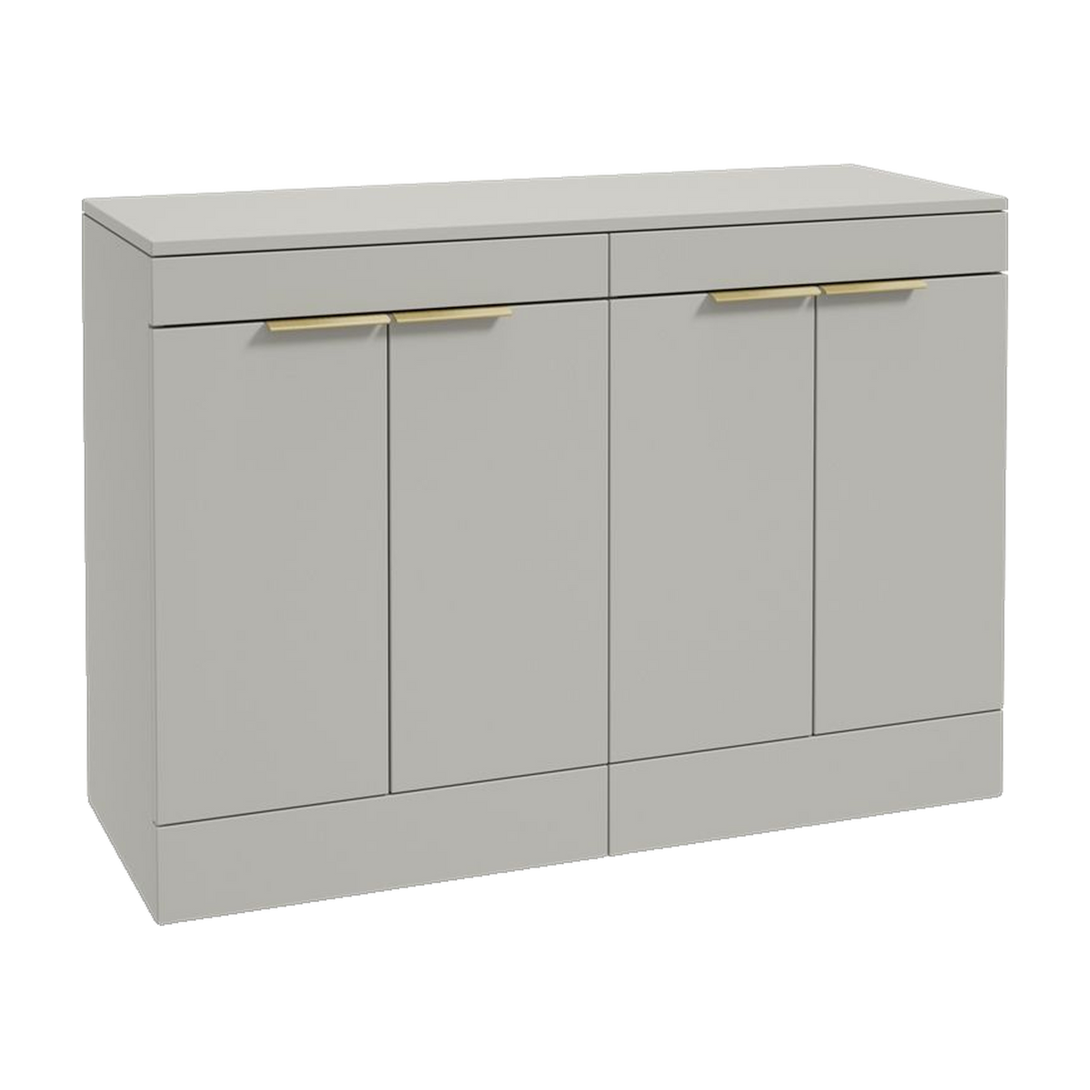 SONAS Stockholm 120cm floorstanding four door vanity unit in Matt Arctic Grey with brushed gold handles