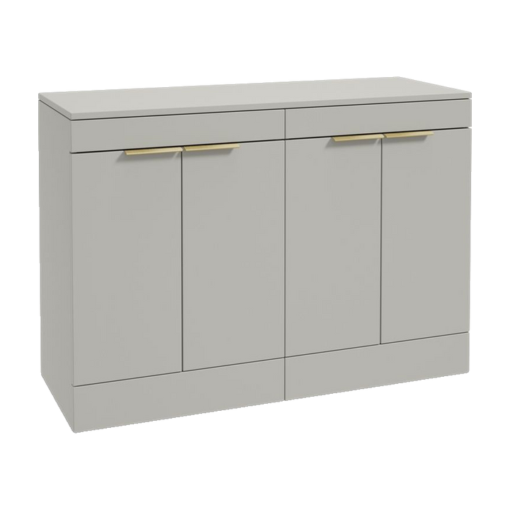 SONAS Stockholm 120cm floorstanding four door vanity unit in Matt Arctic Grey with brushed gold handles