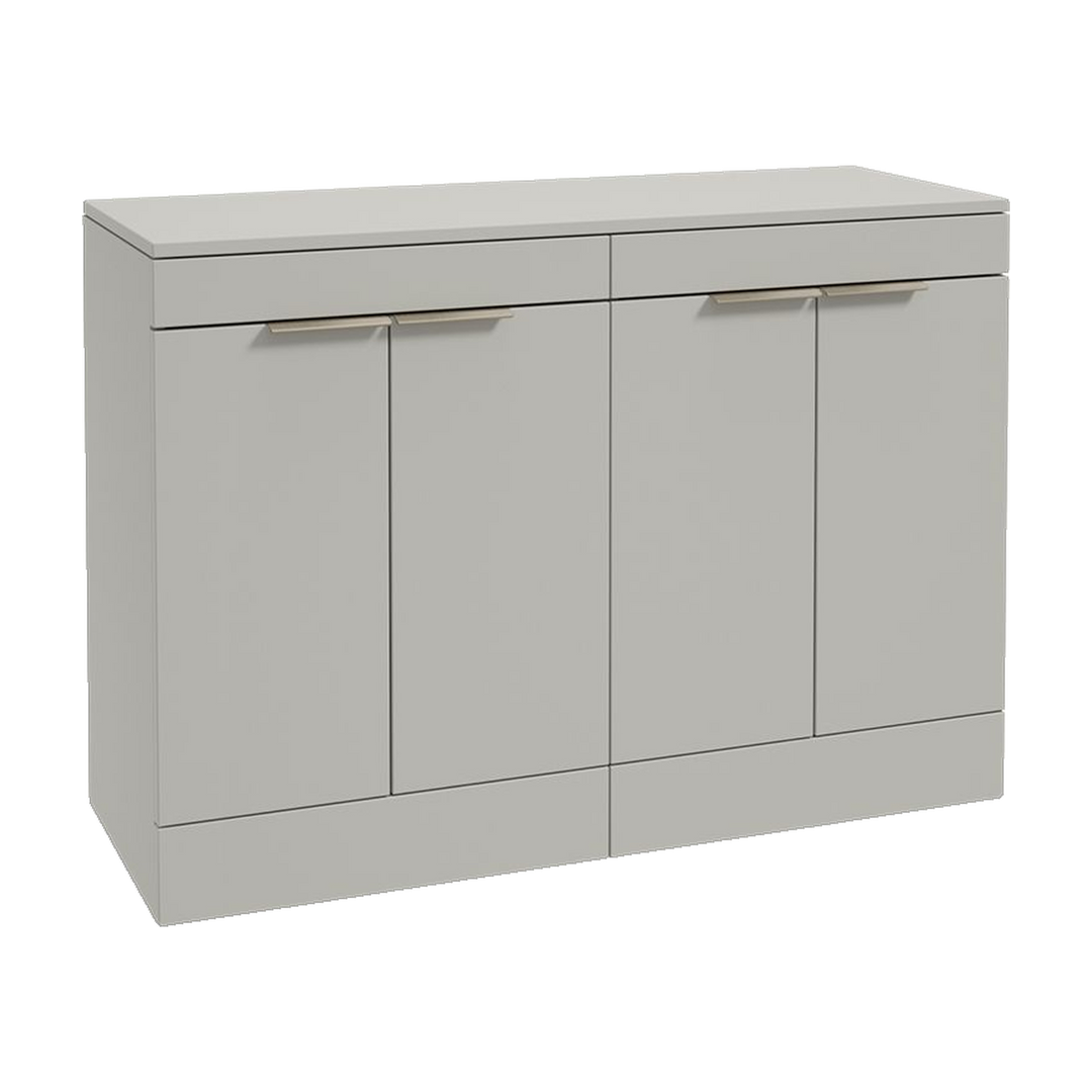 SONAS Stockholm 120cm floorstanding four door vanity unit in Matt Arctic Grey with brushed nickel handles