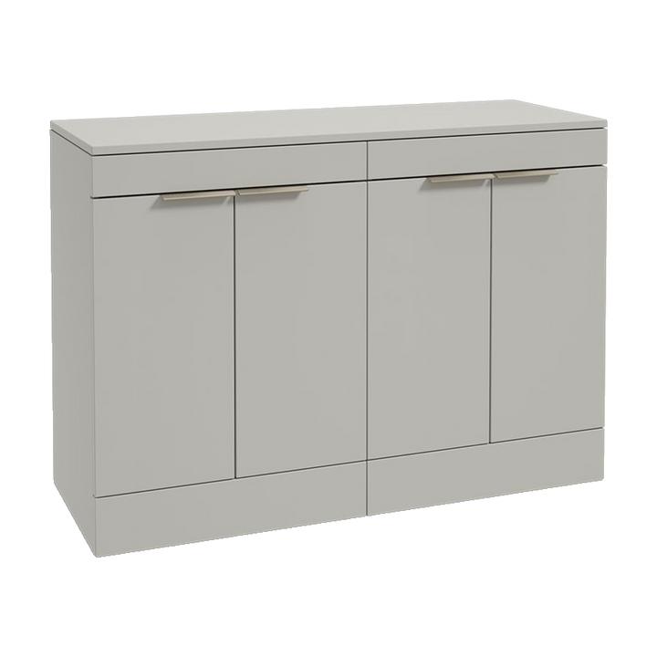 SONAS Stockholm 120cm floorstanding four door vanity unit in Matt Arctic Grey with brushed nickel handles