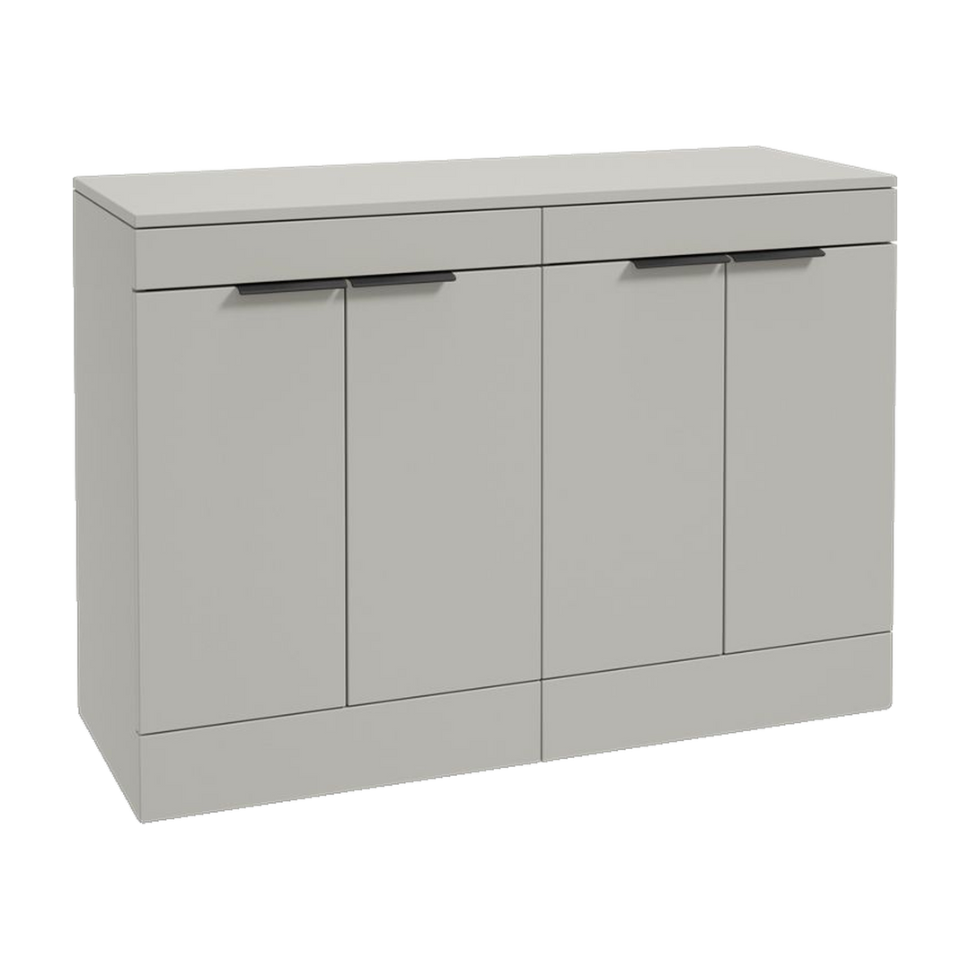 SONAS Stockholm 120cm floorstanding four door vanity unit in Matt Arctic Grey with matt black handles