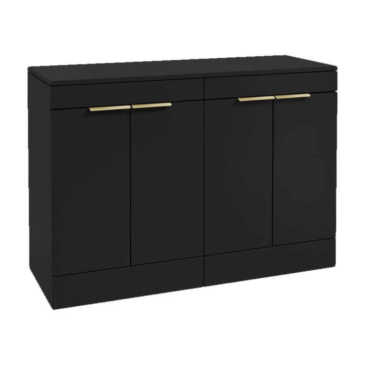 SONAS Stockholm 120cm floorstanding four door vanity unit in Matt Black with brushed gold handles