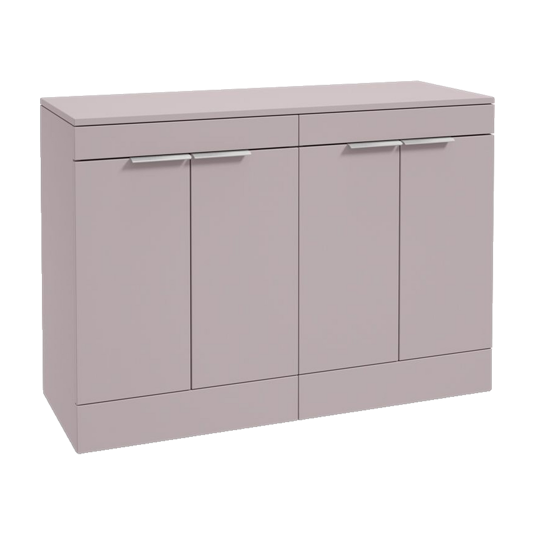SONAS Stockholm 120cm floorstanding four door vanity unit in Matt Cashmere Pink with brushed chrome handles
