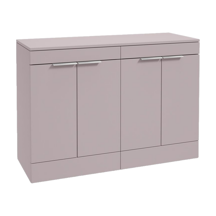 SONAS Stockholm 120cm floorstanding four door vanity unit in Matt Cashmere Pink with brushed chrome handles