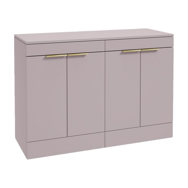 SONAS Stockholm 120cm floorstanding four door vanity unit in Matt Cashmere Pink with brushed gold handles