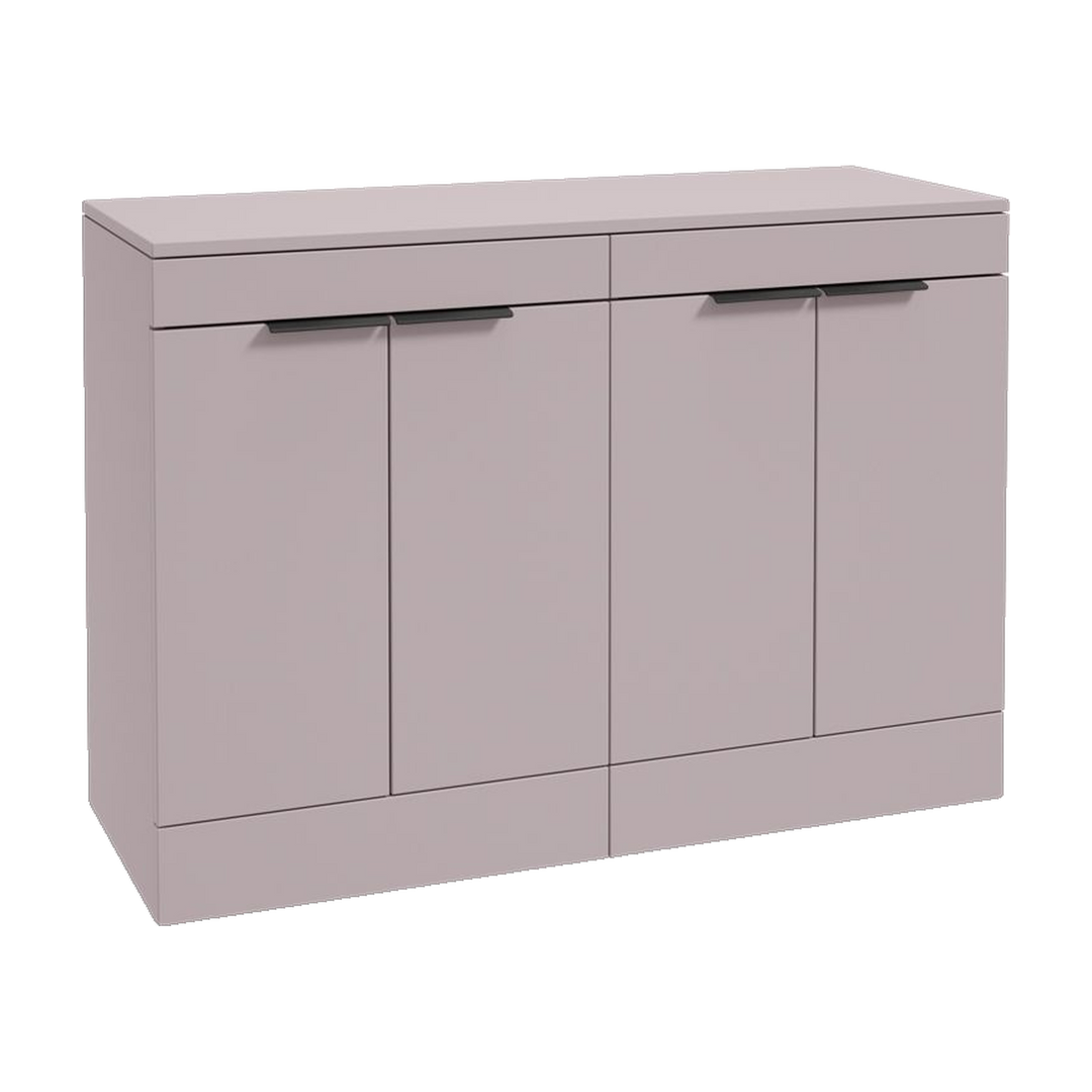 SONAS Stockholm 120cm floorstanding four door vanity unit in Matt Cashmere Pink with matt black handles