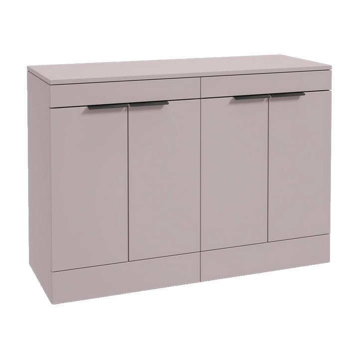 SONAS Stockholm 120cm floorstanding four door vanity unit in Matt Cashmere Pink with matt black handles