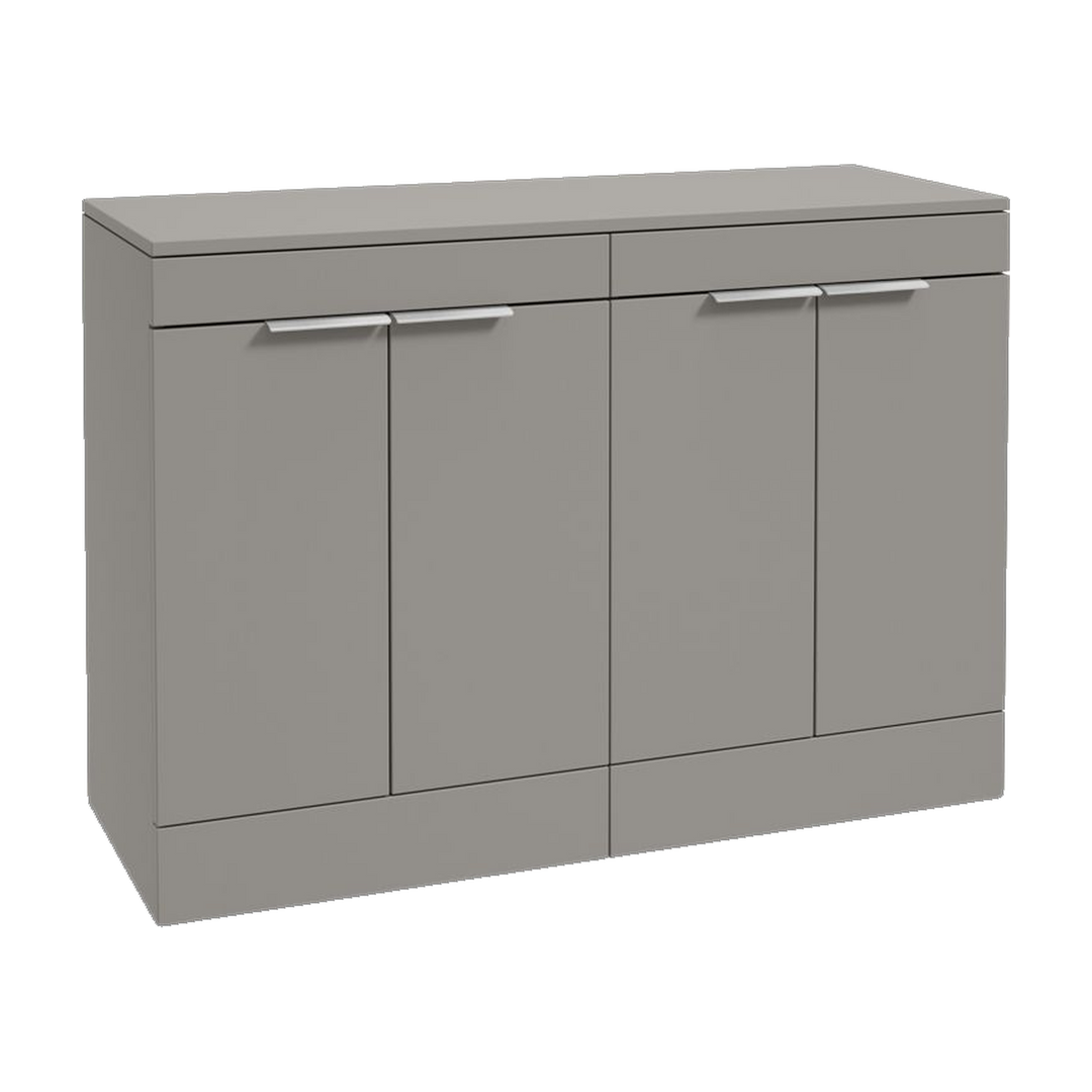 SONAS Stockholm 120cm floorstanding four door vanity unit in Matt Khaki with brushed chrome handles